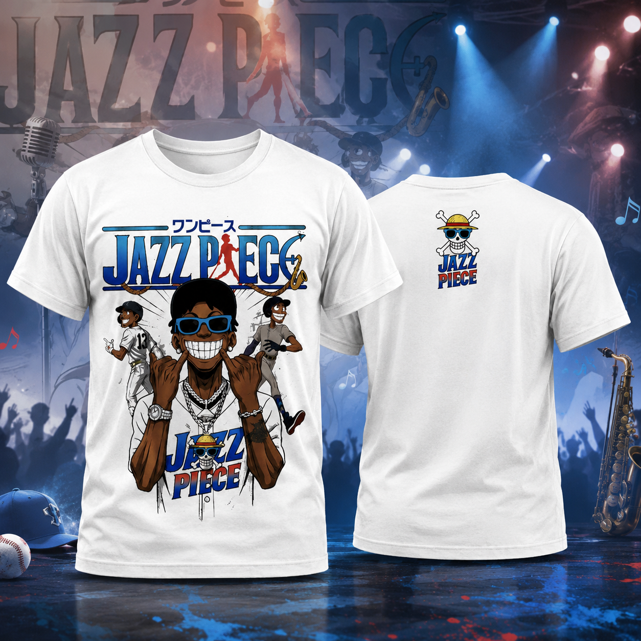 Jazz Piece Anime Inspired Baseball Graphic T Shirt Music Sports Fan Unisex Cotton Tee Front and Back
