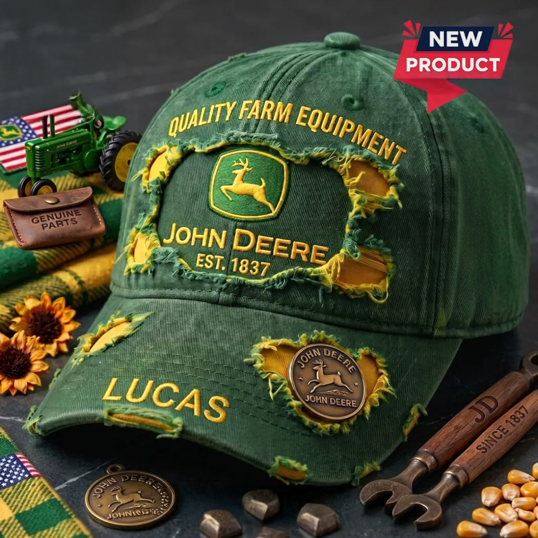 John Deere Personalized Distressed Green Baseball Cap