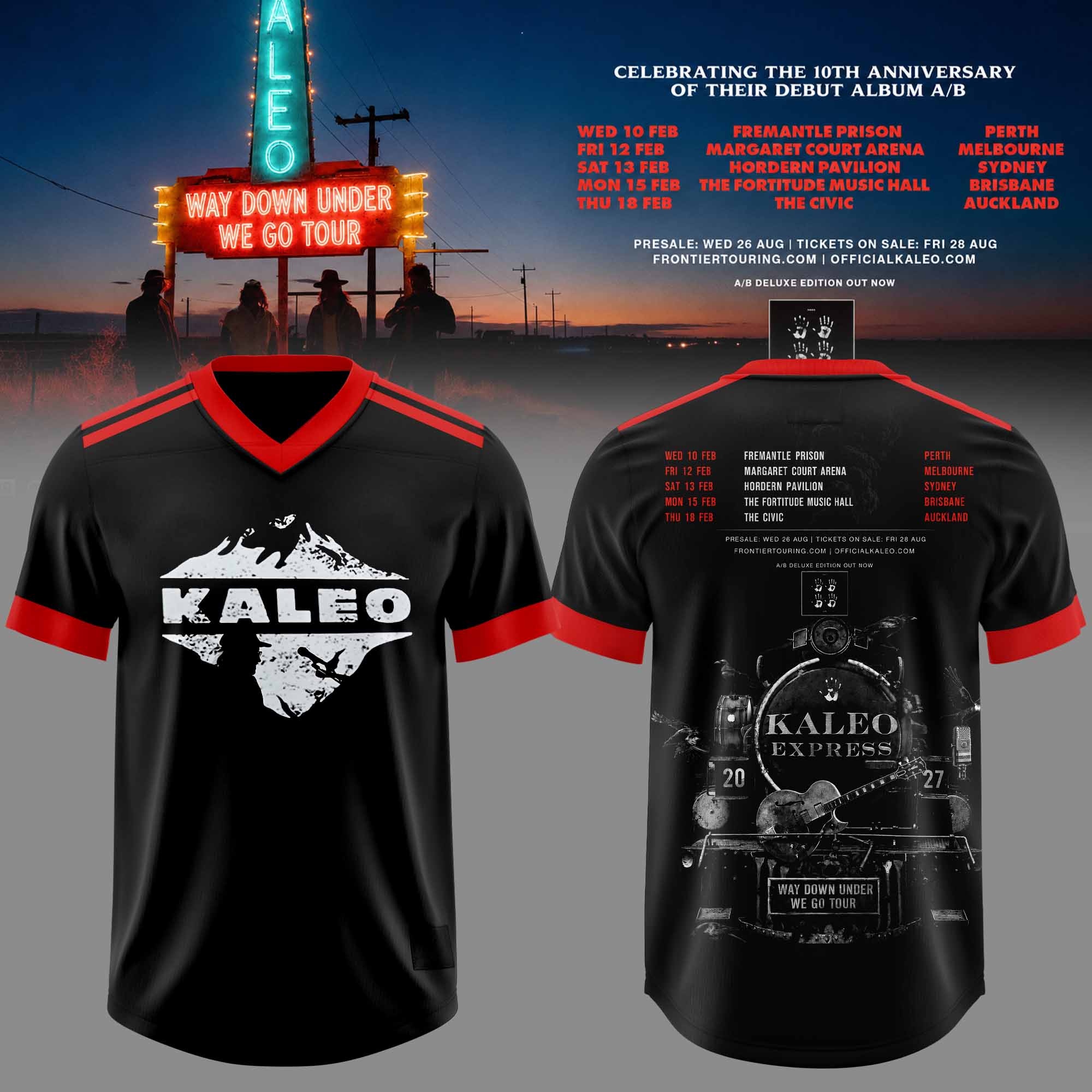 Kaleo Way Down Under We Go Tour Black Red Mountain Football Jersey Rock Fan Apparel