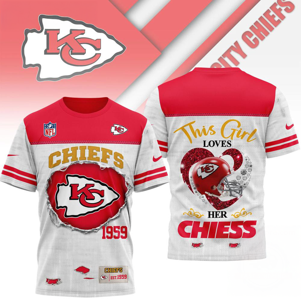 Kansas City Chiefs NFL Girl Heart Helmet 3D Graphic T Shirt