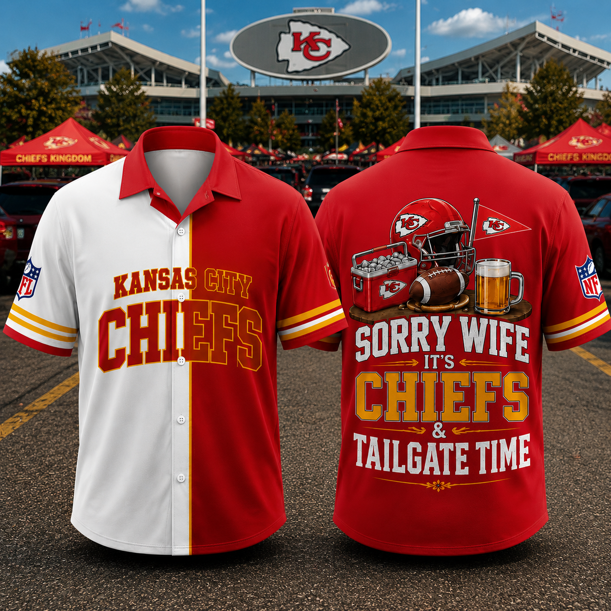 Kansas City Chiefs Sorry Wife It's Chiefs & Tailgate Time Baseball Jersey NFL Fan Gift Half White Half Red Button Up Shirt