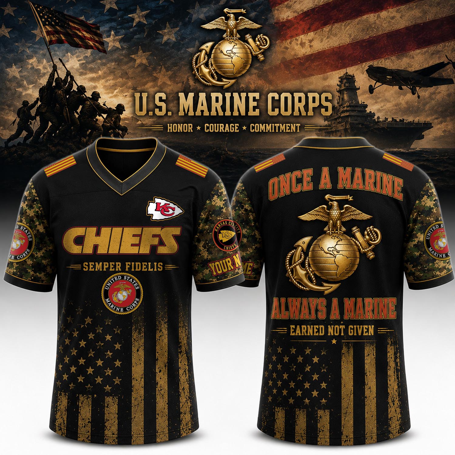 Kansas City Chiefs US Marine Corps Personalized Baseball Jersey Veteran Edition NFL Military Appreciation Fan Apparel 2 - Unicasport Kansas City Chiefs US Marine Corps Personalized Baseball Jersey Veteran Edition NFL Military Appreciation Fan Apparel