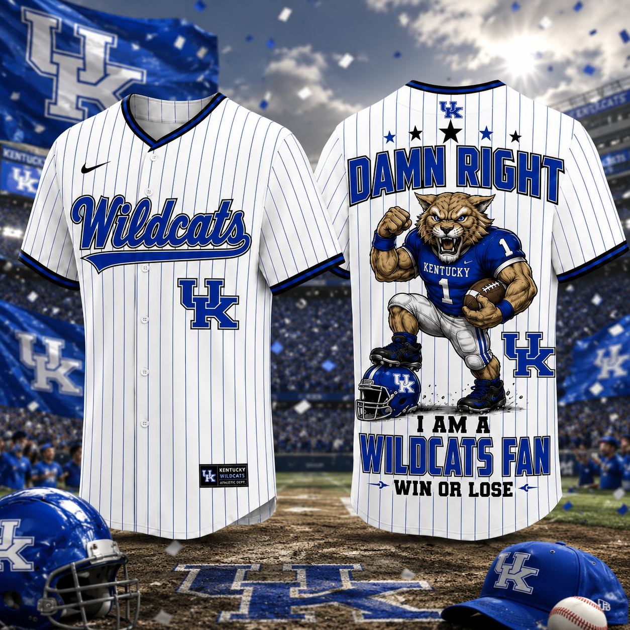 Kentucky Wildcats Baseball Jersey Damn Right I Am A Wildcats Fan Win Or Lose NCAA Kentucky Wildcats College Baseball Jersey Gift for Men Women