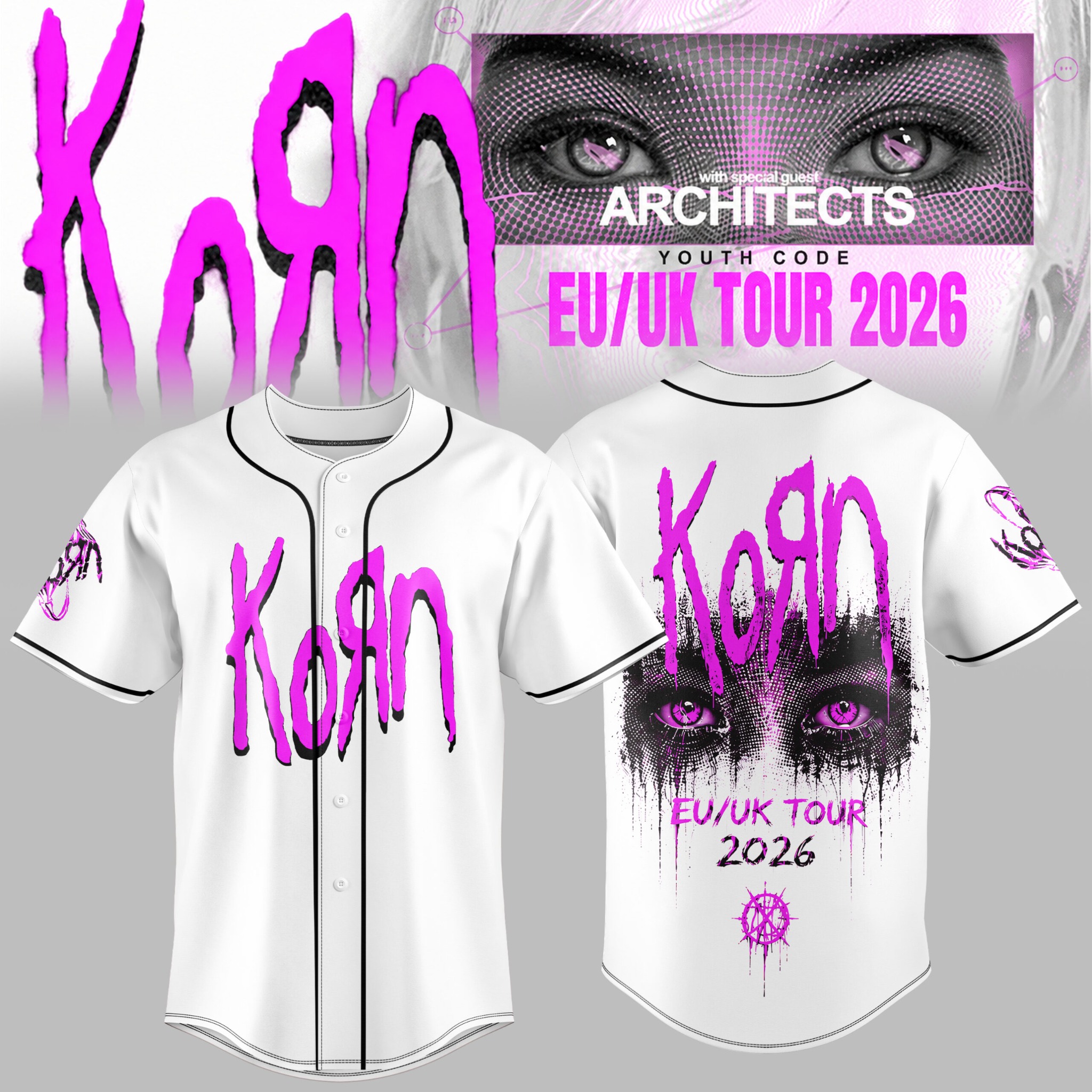 Korn EU UK Tour 2026 White Pink Graphic Baseball Jersey Nu Metal Music Fan Apparel 1 - Unicasport Korn EU UK Tour 2026 White Pink Graphic Baseball Jersey Nu Metal Music Fan Apparel