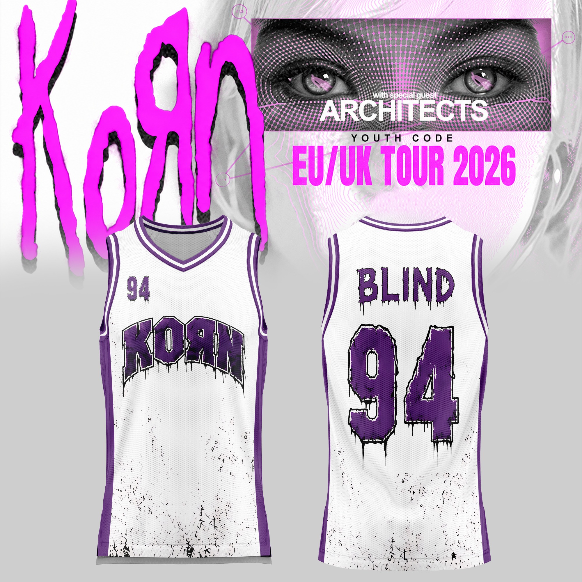 Korn EU UK Tour 2026 White Purple Blind 94 Basketball Jersey Metal Music Fan Apparel 1 - Unicasport Korn EU UK Tour 2026 White Purple Blind 94 Basketball Jersey Metal Music Fan Apparel