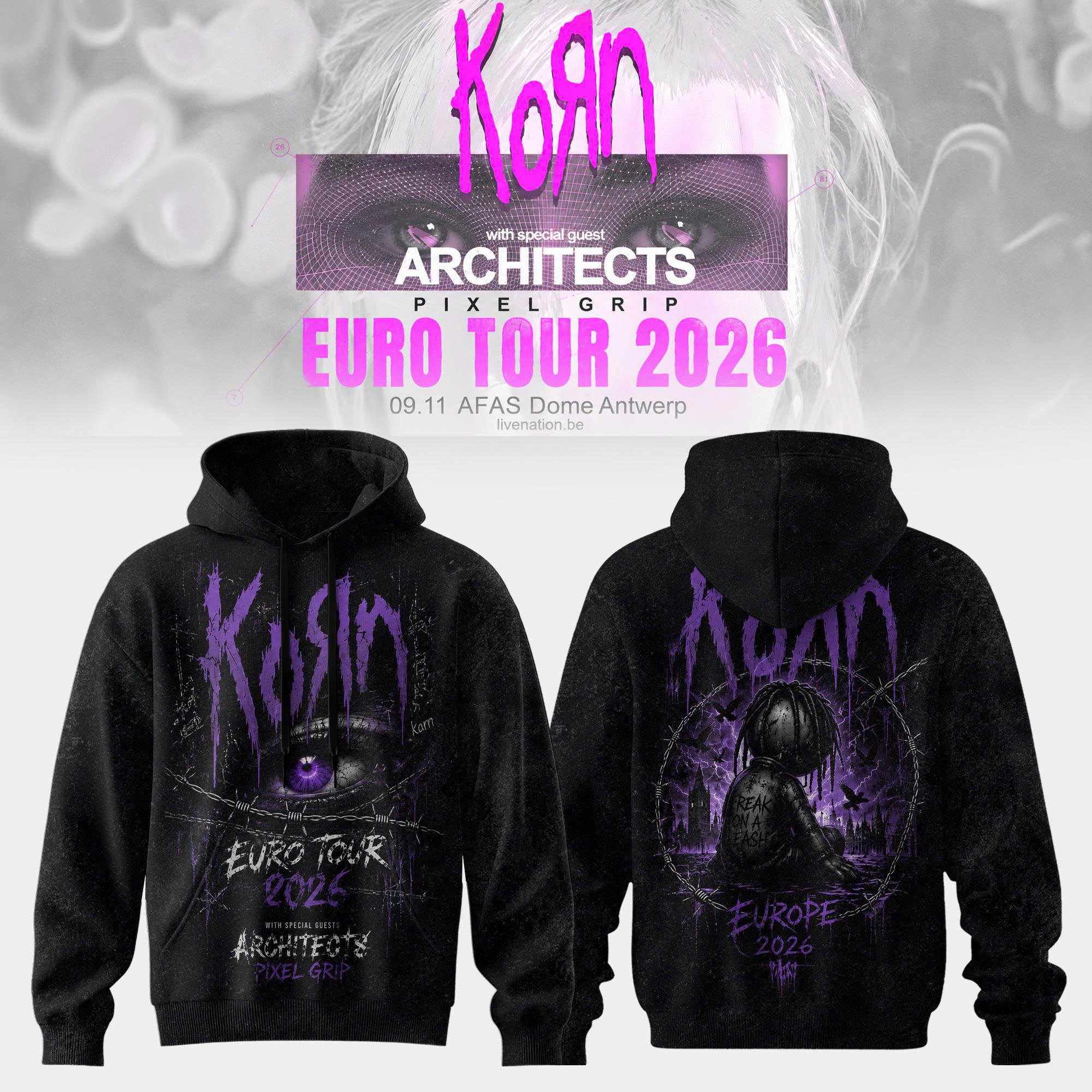 Korn Euro Tour 2026 Vintage Nu Metal Concert Graphic Hoodie with Architects Special Guest