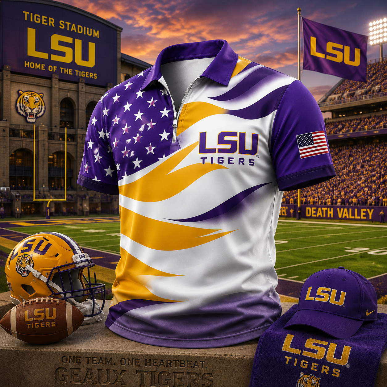 LSU Tigers American Flag Style Football Polo Shirt College Football Fan Outfit