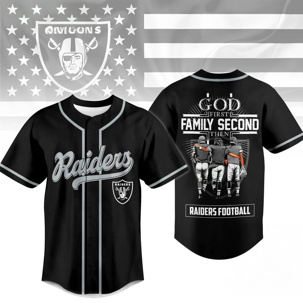 Las Vegas Raiders God First Family Second Faith And Brotherhood Baseball Jersey
