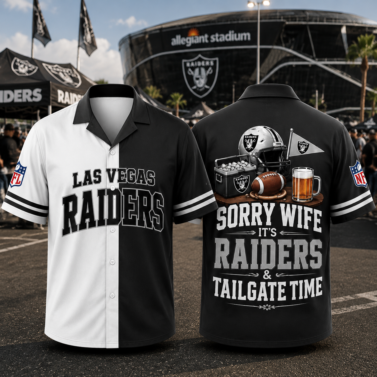 Las Vegas Raiders Sorry Wife It's Raiders & Tailgate Time Baseball Jersey NFL Fan Gift Half White Half Black Button Up Shirt