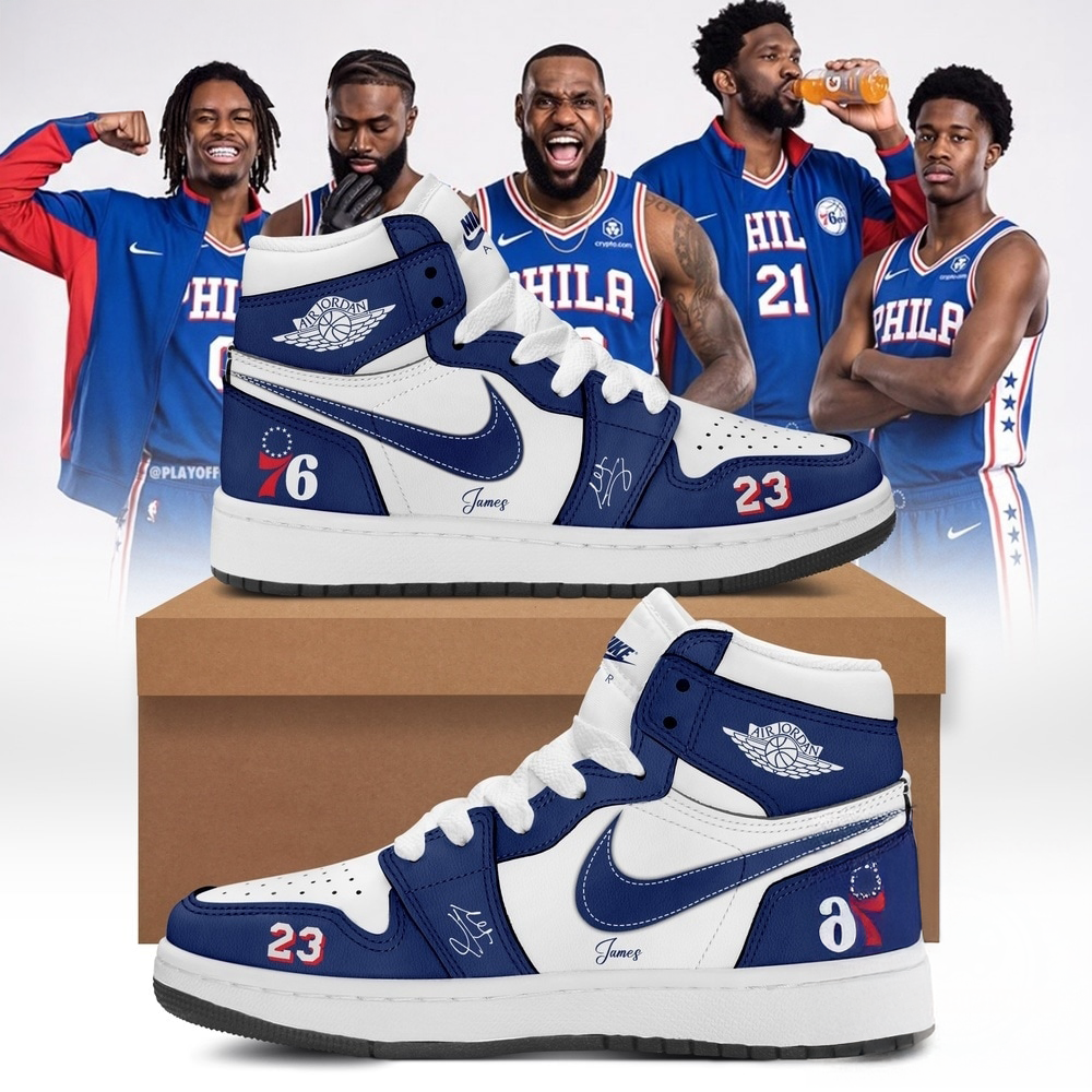 LeBron James Philadelphia 76ers Signature Blue Air Jordan 1 High Top Sneakers