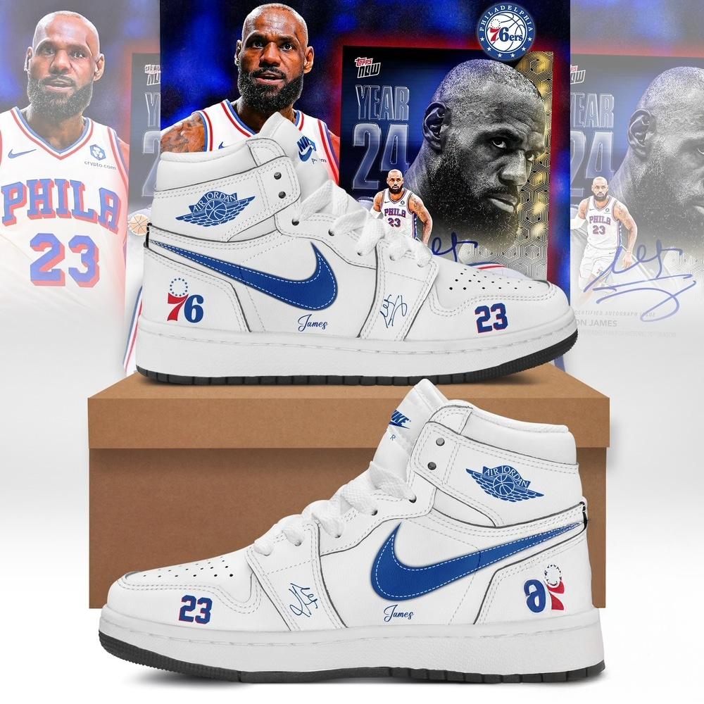 LeBron James Philadelphia 76ers Signature White Air Jordan 1 High Top Sneakers