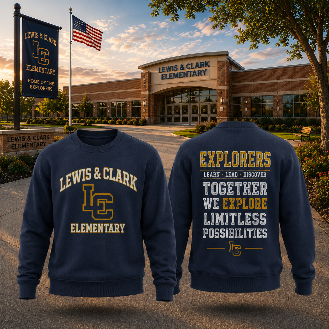 Lewis & Clark Elementary Explorers Crewneck Sweatshirt Custom School Spirit Graphic Pullover
