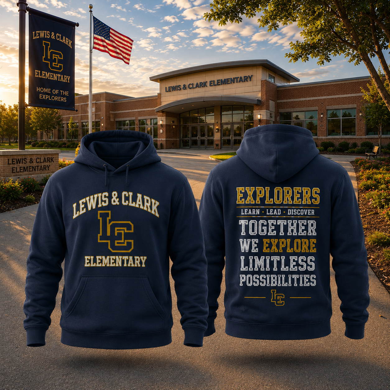 Lewis & Clark Elementary Explorers Hoodie Custom School Spirit Pullover Hooded Sweatshirt