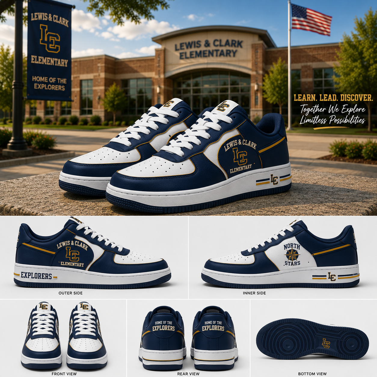 Lewis & Clark Elementary School Custom Low Top Sneakers Personalized School Spirit Shoes Unisex