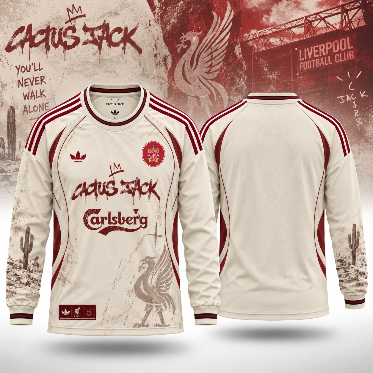 Liverpool FC x Travis Scott Cactus Jack Cream Long Sleeve Football Jersey Retro Supporter Apparel 1 - Unicasport Liverpool FC x Travis Scott Cactus Jack Cream Long Sleeve Football Jersey Retro Supporter Apparel