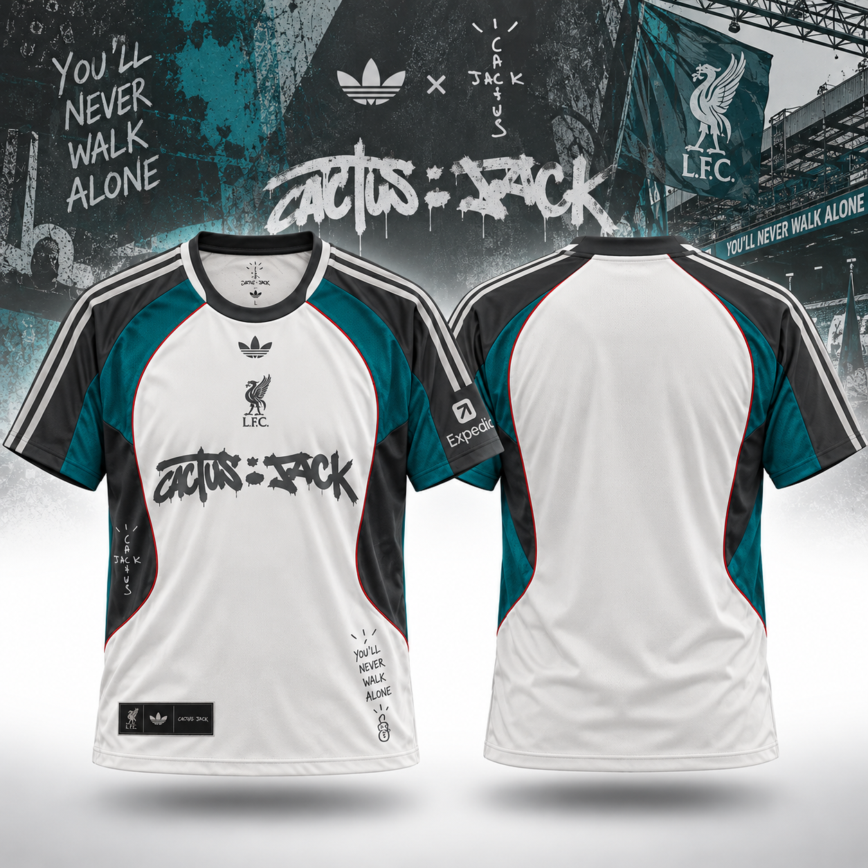 Liverpool FC x Travis Scott Cactus Jack White Teal Football Jersey Adidas Supporter Apparel 2 - Unicasport Liverpool FC x Travis Scott Cactus Jack White Teal Football Jersey Adidas Supporter Apparel