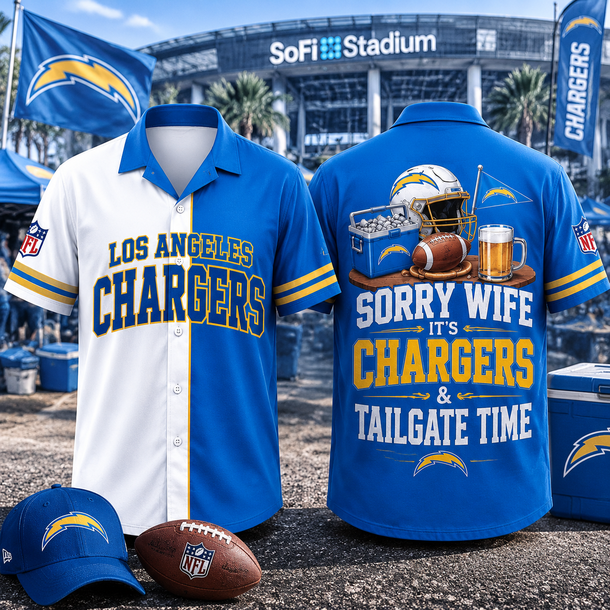 Los Angeles Chargers Sorry Wife It's Chargers & Tailgate Time Baseball Jersey NFL Fan Gift Half White Half Royal Blue Button Up Shirt