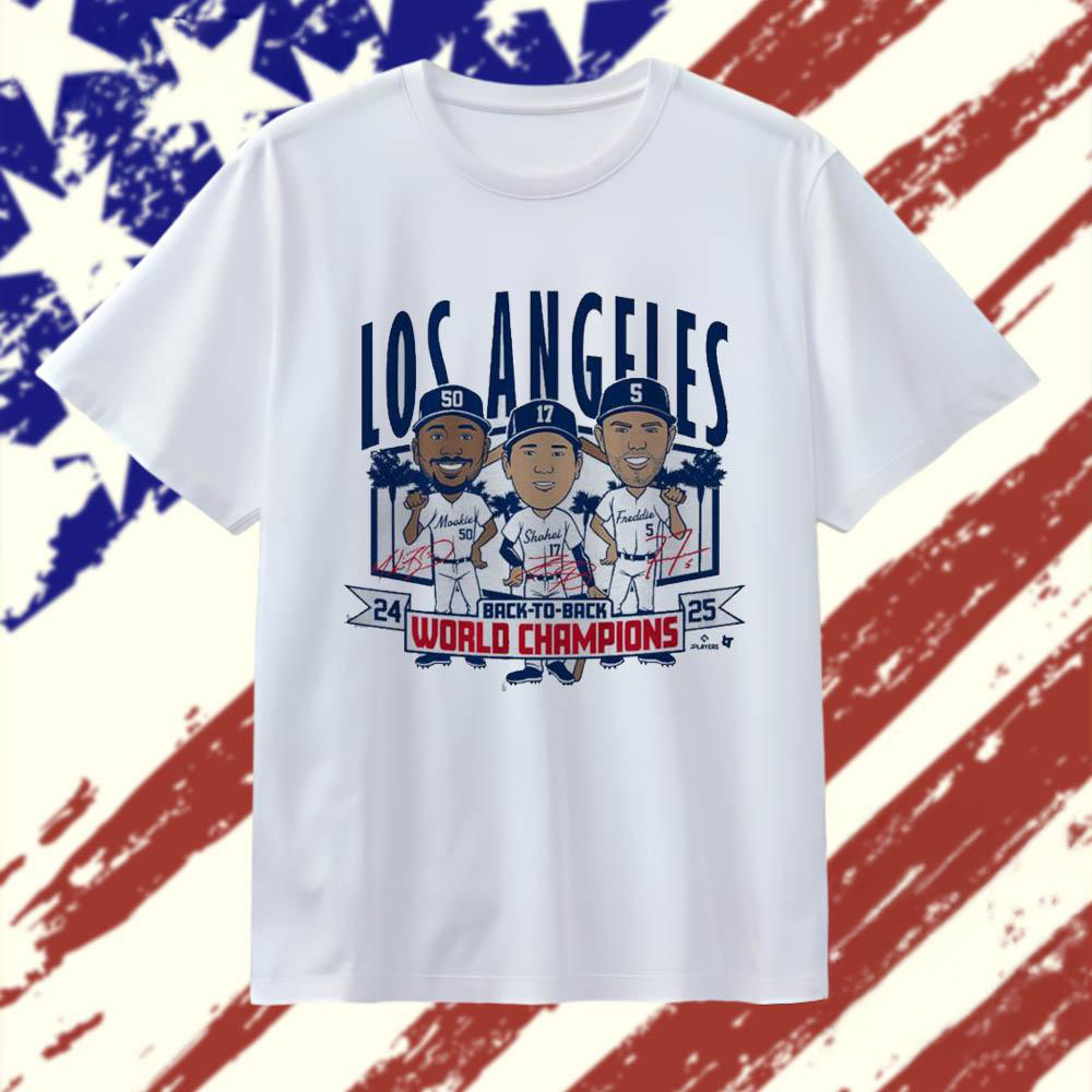 Los Angeles Dodgers 2025 Baseball BacktoBack World Champs Caricatures T Shirt