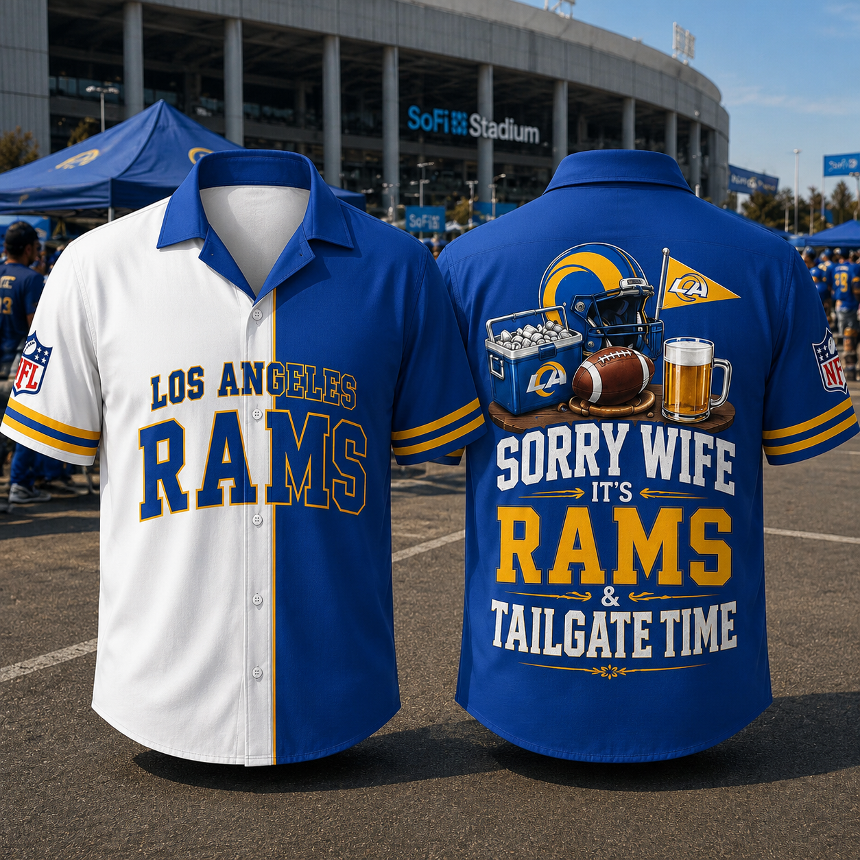 Los Angeles Rams Sorry Wife It's Rams & Tailgate Time Baseball Jersey NFL Fan Gift Half White Half Royal Blue Button Up Shirt