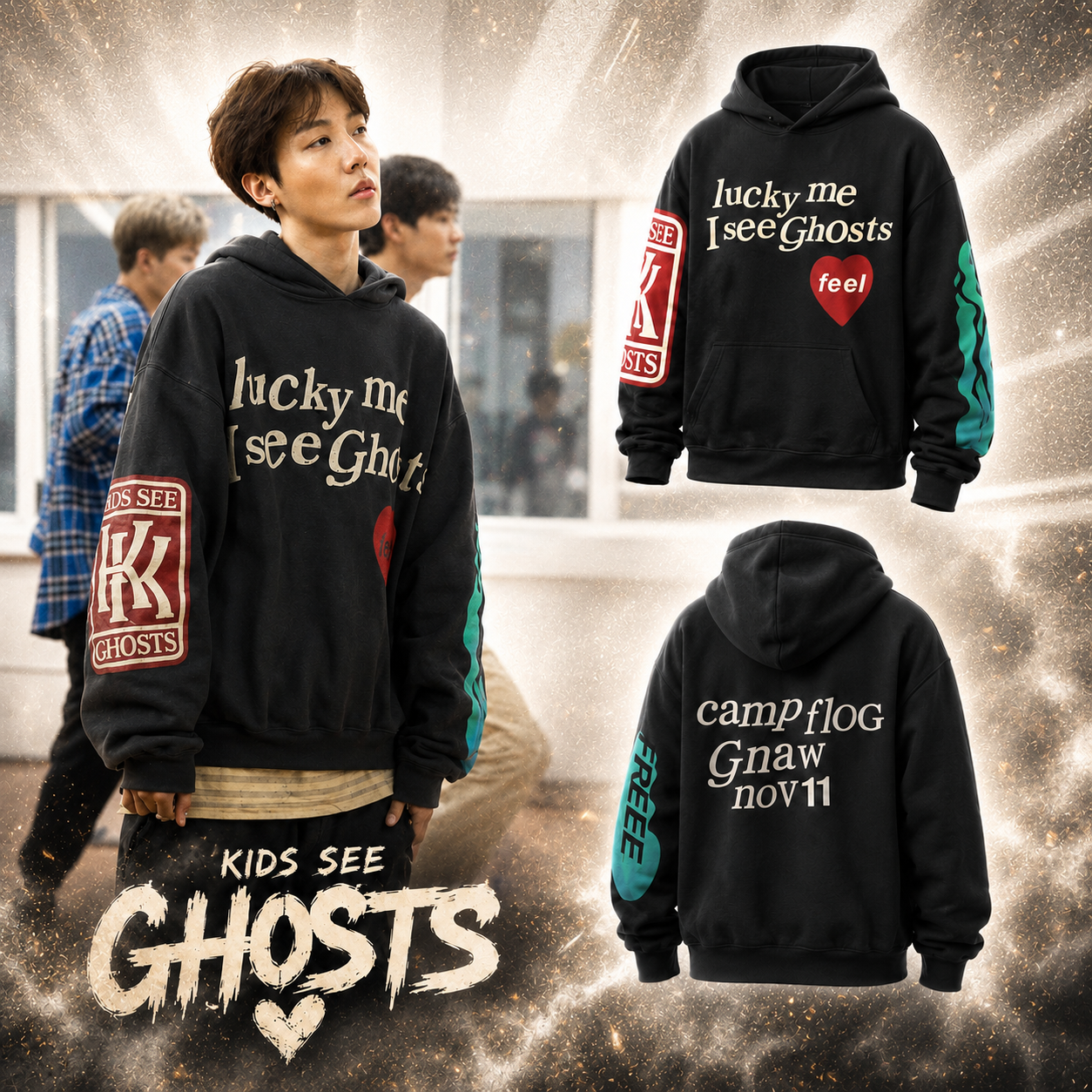 Lucky Me I See Ghosts Hoodie Black Oversized Streetwear Graphic Pullover Sweatshirt Gift