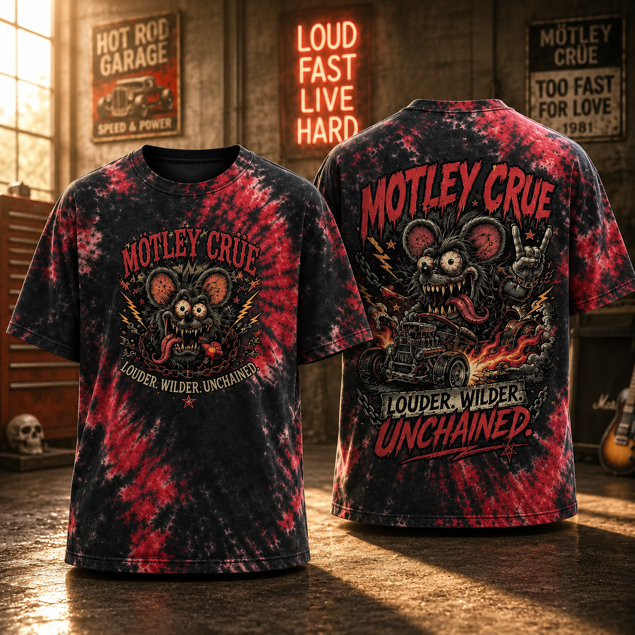 MÃ¶tley CrÃ¼e Louder Wilder Unchained Tie Dye T Shirt Vintage Rock Band Graphic Fan Gift