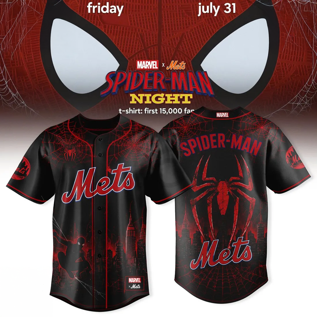 Marvel x New York Mets Spider Man Black Red Baseball Jersey