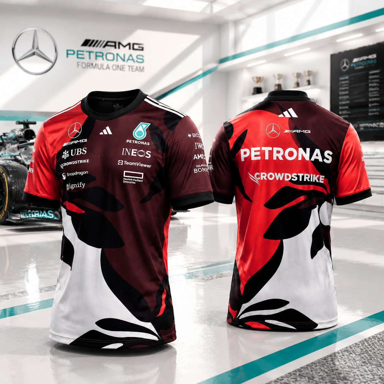 Mercedes AMG Petronas Formula 1 Red Black White Performance Racing T Shirt for Motorsport Fans