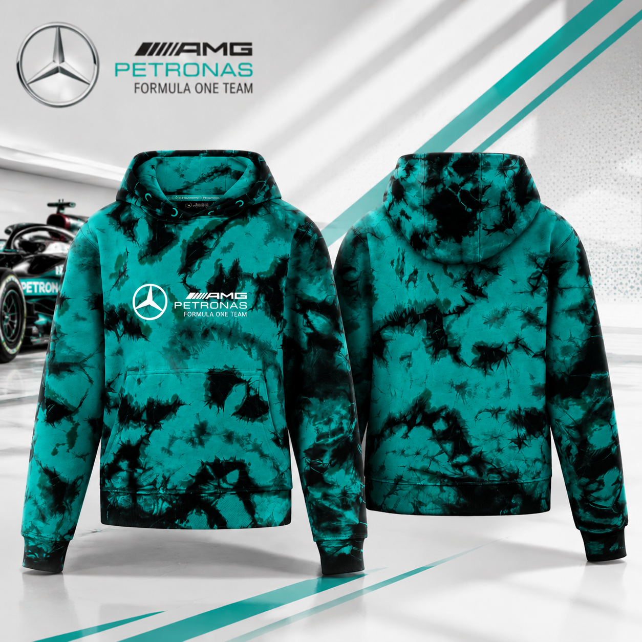 Mercedes AMG Petronas Formula 1 Tie Dye Teal Black Hoodie Racing Fan Pullover Sweatshirt