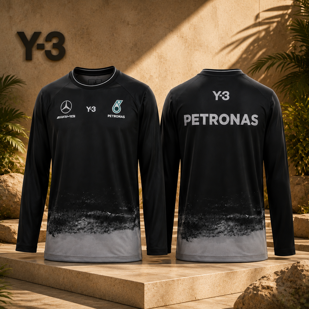 Mercedes AMG Petronas Y 3 Black Long Sleeve Performance Shirt Formula 1 Motorsport Fan Gift