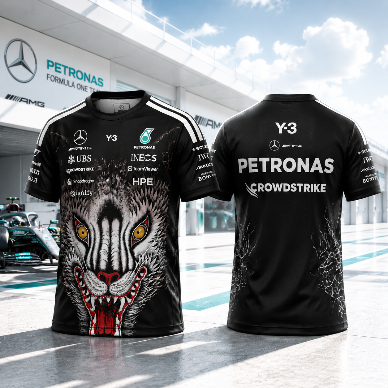 Mercedes AMG Petronas Y 3 Black Wolf Graphic Jersey Formula 1 Motorsport Fan Gift