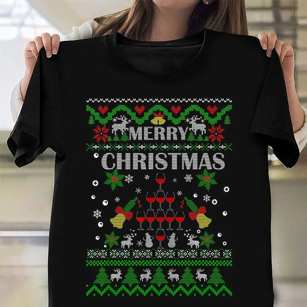 Merry Christmas TShirt Cool Ugly Christmas Sweater Womens Wine Shirts Hot Xmas Gifts 2024