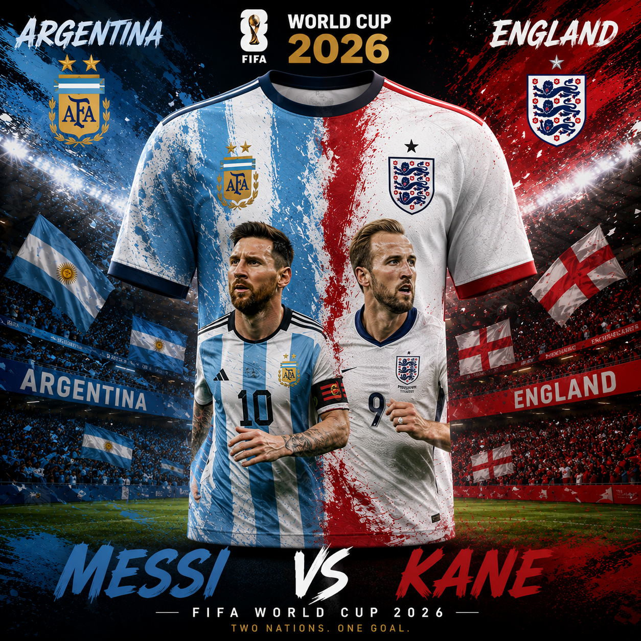 Messi vs Harry Kane Argentina vs England FIFA World Cup 2026 Split Jersey T-Shirt - Football Fan Limited Edition Gift
