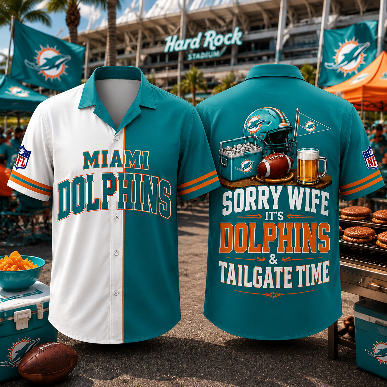 Miami Dolphins Sorry Wife It's Dolphins & Tailgate Time Baseball Jersey NFL Fan Gift Half White Half Aqua Button Up Shirt