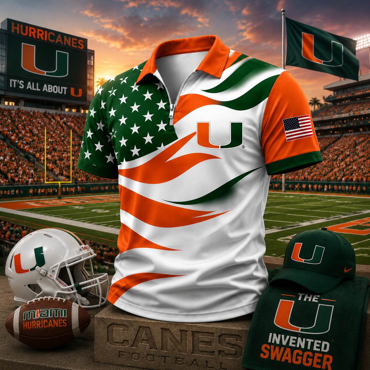Miami Hurricanes American Flag Style Football Polo Shirt College Game Day Apparel