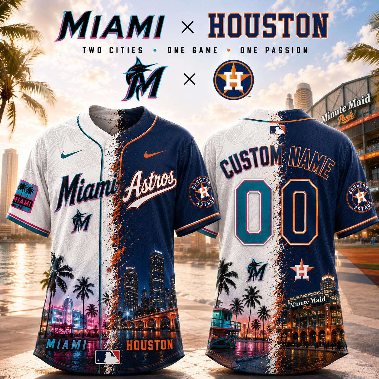 Miami Marlins x Houston Astros Custom Name Number Baseball Jersey For Fans