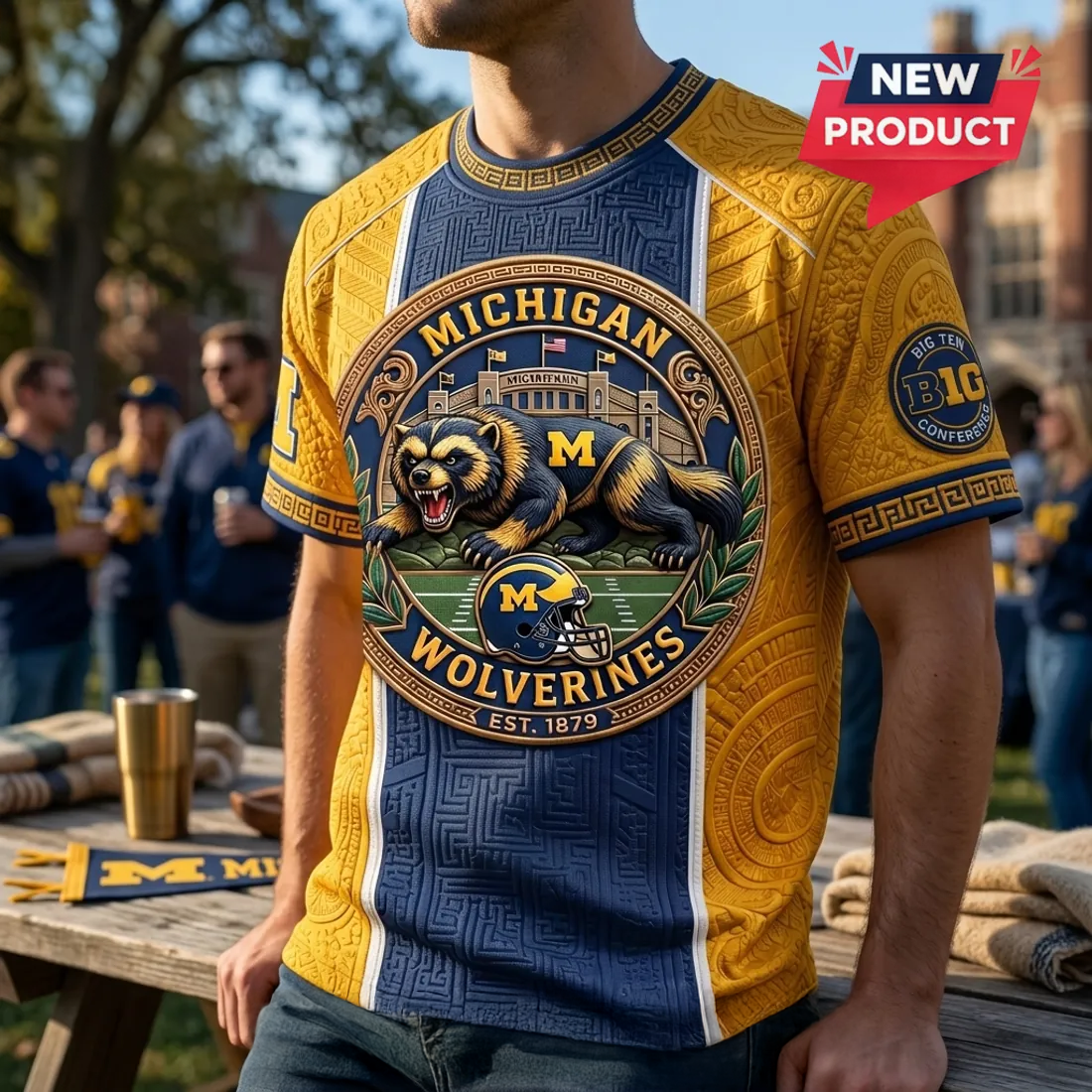 Michigan Wolverines Stadium Emblem Navy Gold Graphic T Shirt