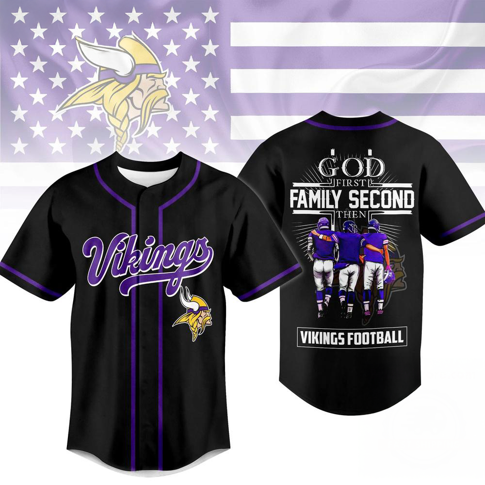 Minnesota Vikings God First Family Second Faith And Brotherhood Baseball Jersey