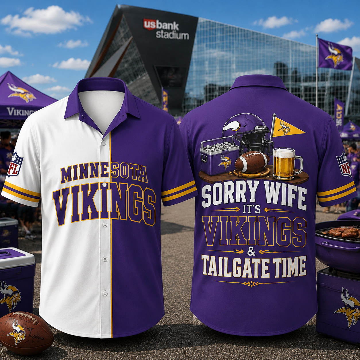 Minnesota Vikings Sorry Wife It's Vikings & Tailgate Time Baseball Jersey NFL Fan Gift Half White Half Purple Button Up Shirt