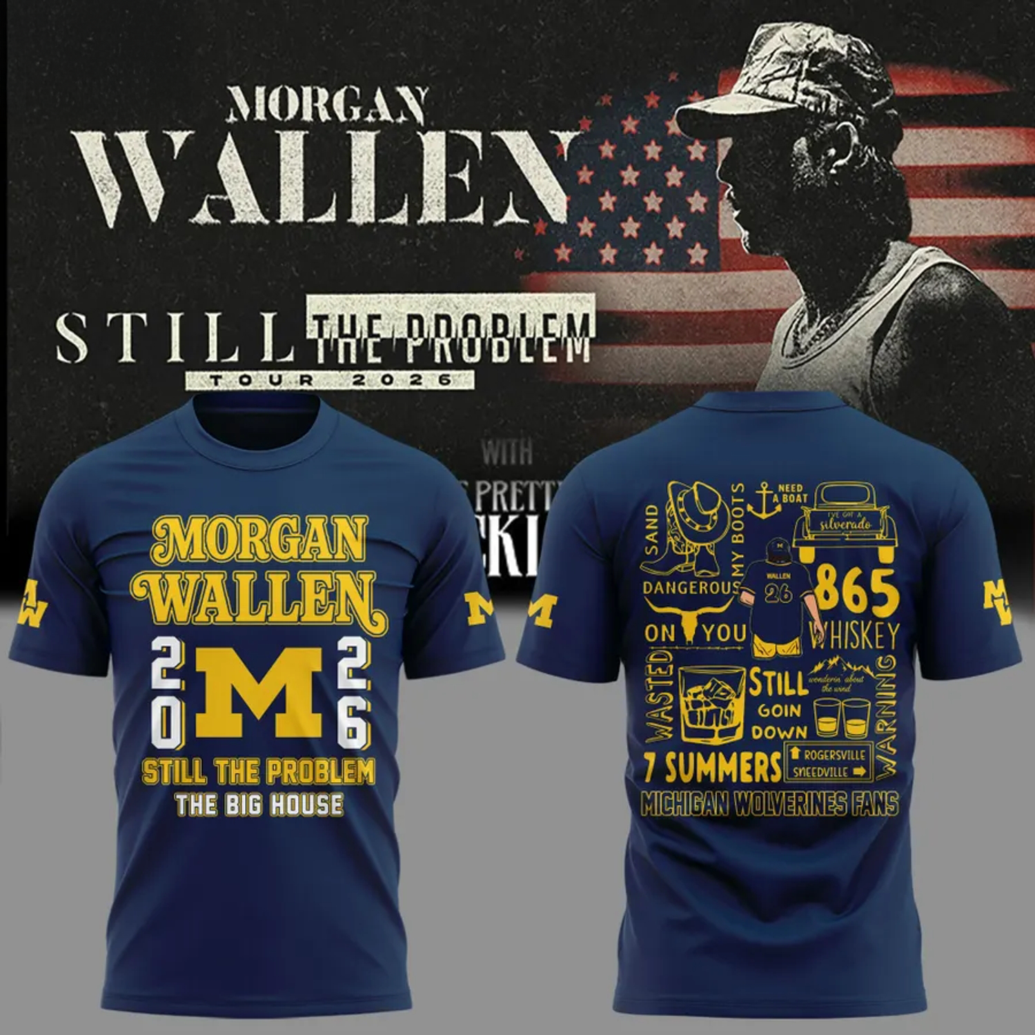 Morgan Wallen x Michigan Wolverines Football Tour 2026 Blue Shirt