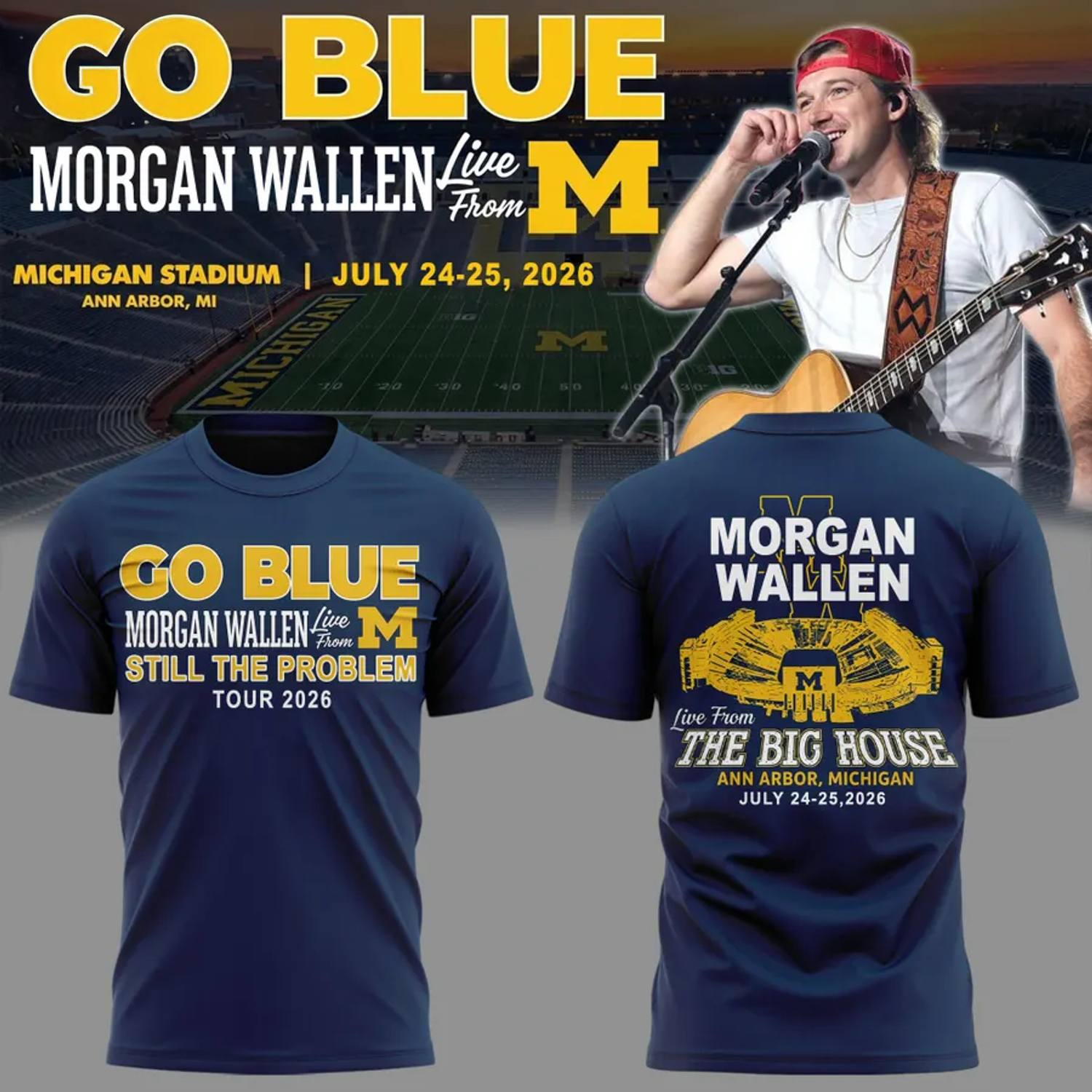 Morgan Wallen x Michigan Wolverines Still The Problem Tour 2026 Blue Graphic TShirt