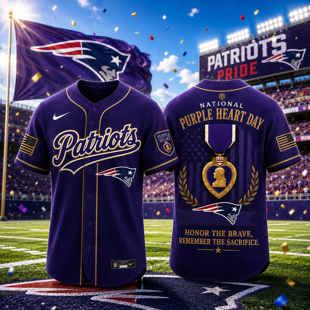 New England Patriots National Purple Heart Day Baseball Jersey