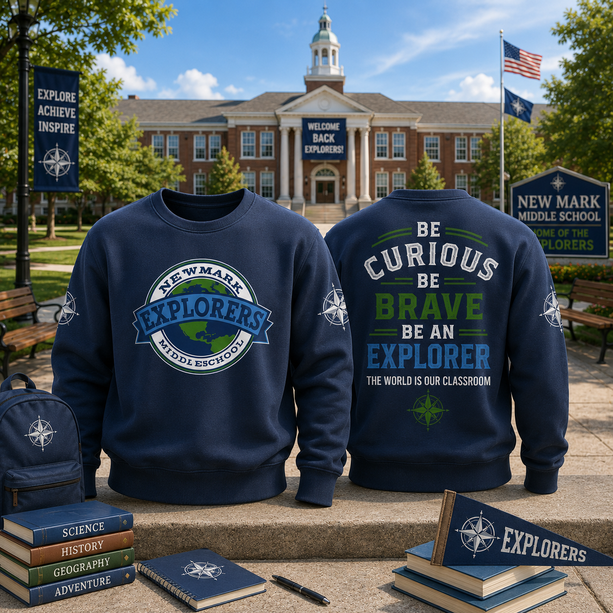 New Mark Middle School Explorers Crewneck Sweatshirt School Spirit Back to School Pullover Student Teacher Alumni Gift