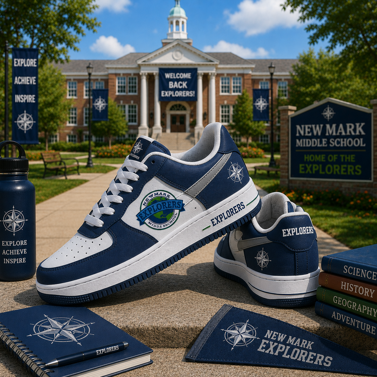 New Mark Middle School Explorers Custom Low Top Sneakers School Spirit Casual Shoes Student Teacher Alumni Gift