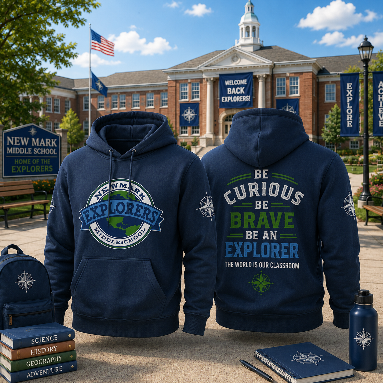 New Mark Middle School Explorers Hoodie School Spirit Pullover Back to School Sweatshirt Student Teacher Alumni Gift
