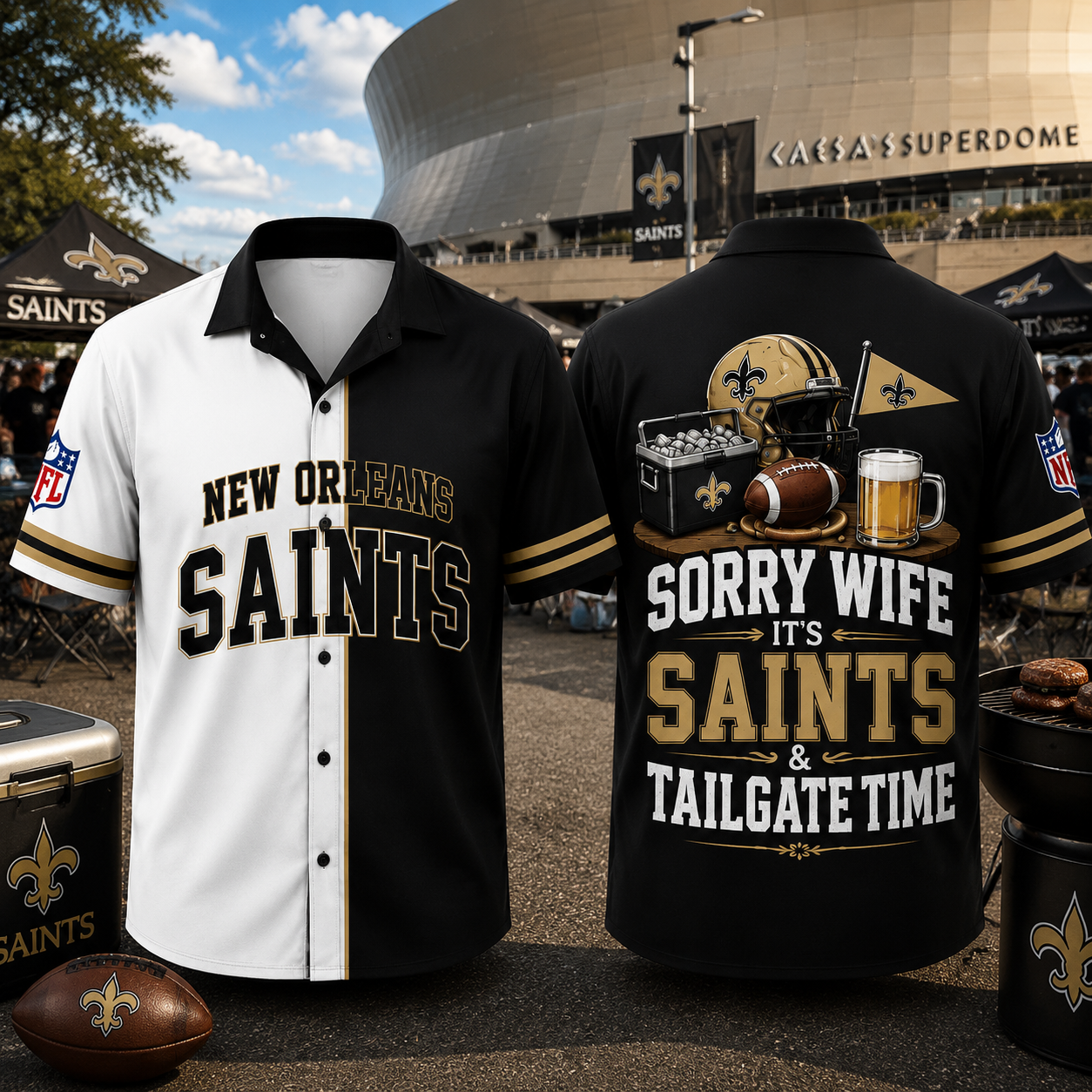 New Orleans Saints Sorry Wife It's Saints & Tailgate Time Baseball Jersey NFL Fan Gift Half White Half Black Button Up Shirt
