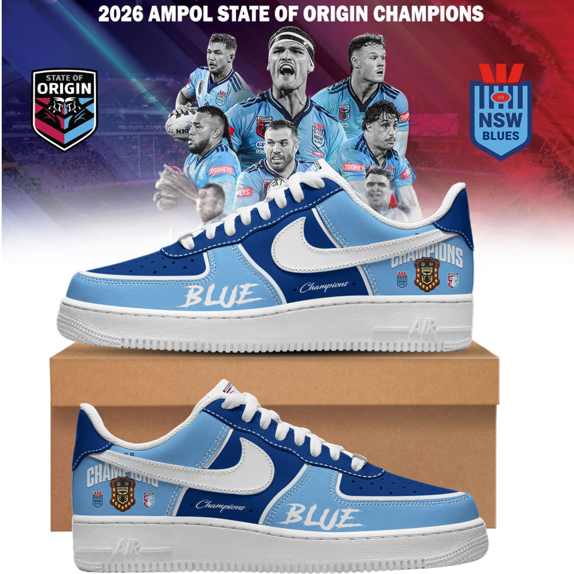 New South Wales Blues 2026 Ampol State Of Origin Champions Limited Edition Sneakers Gifts For Fans