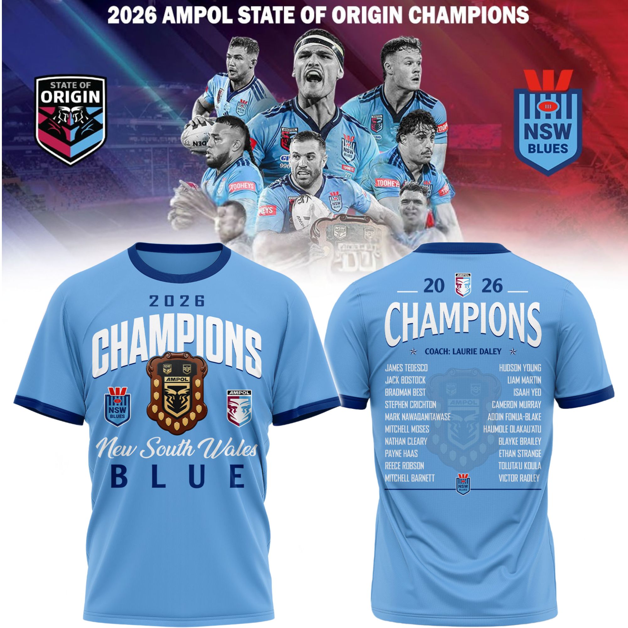 New South Wales Blues 2026 Ampol State Of Origin Champions T Shirt