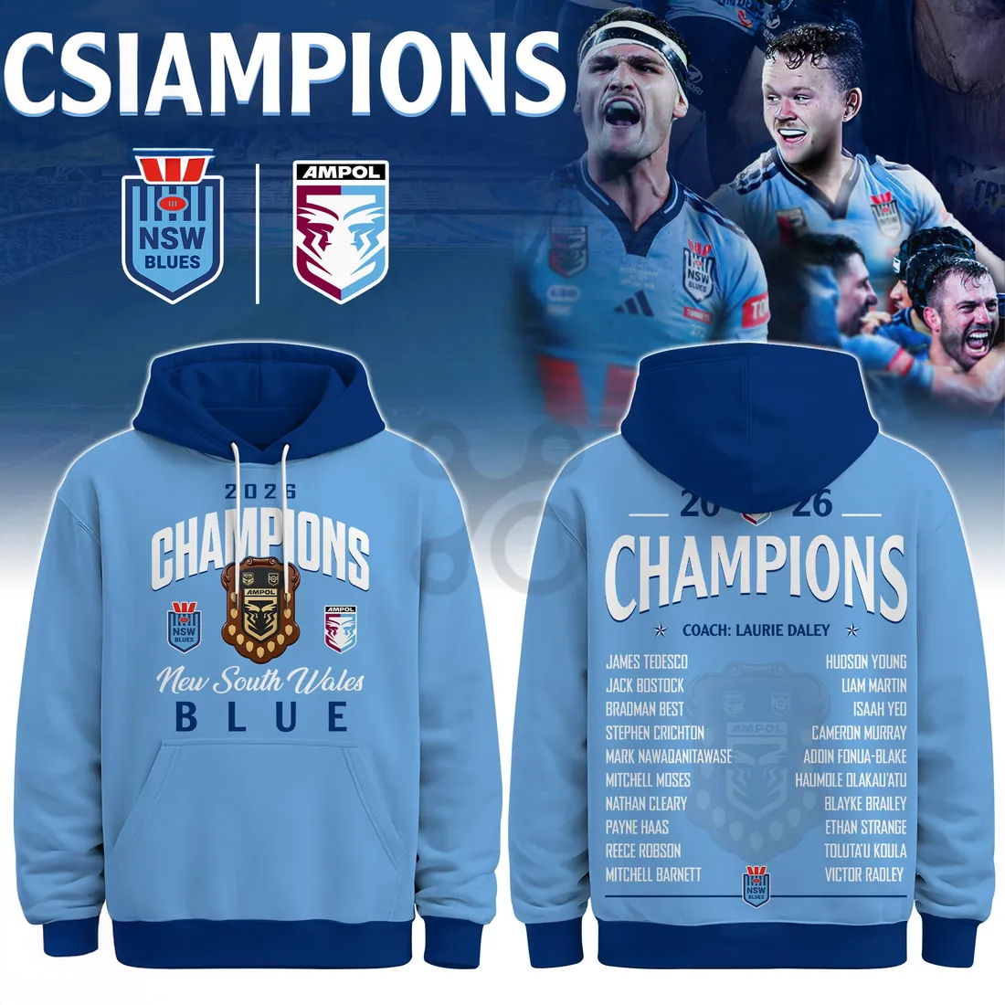 New South Wales Blues 2026 Champions Light Blue Fan Hoodie