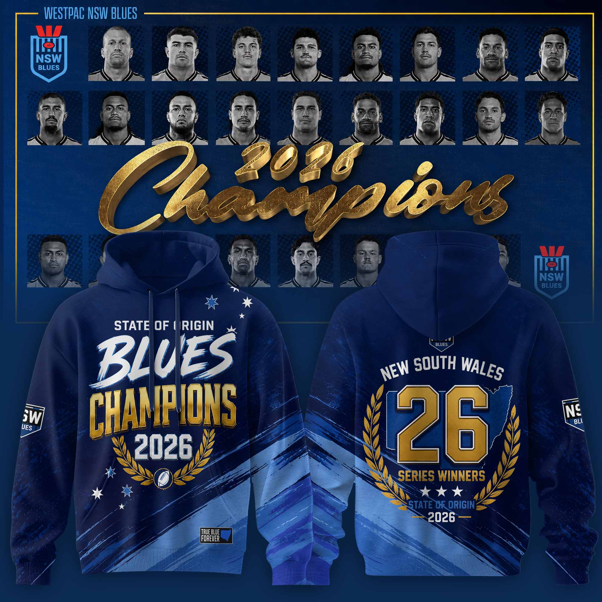 New South Wales Blues 2026 State Of Origin Champions Official Hoodie Merchandise Gifts For Fans