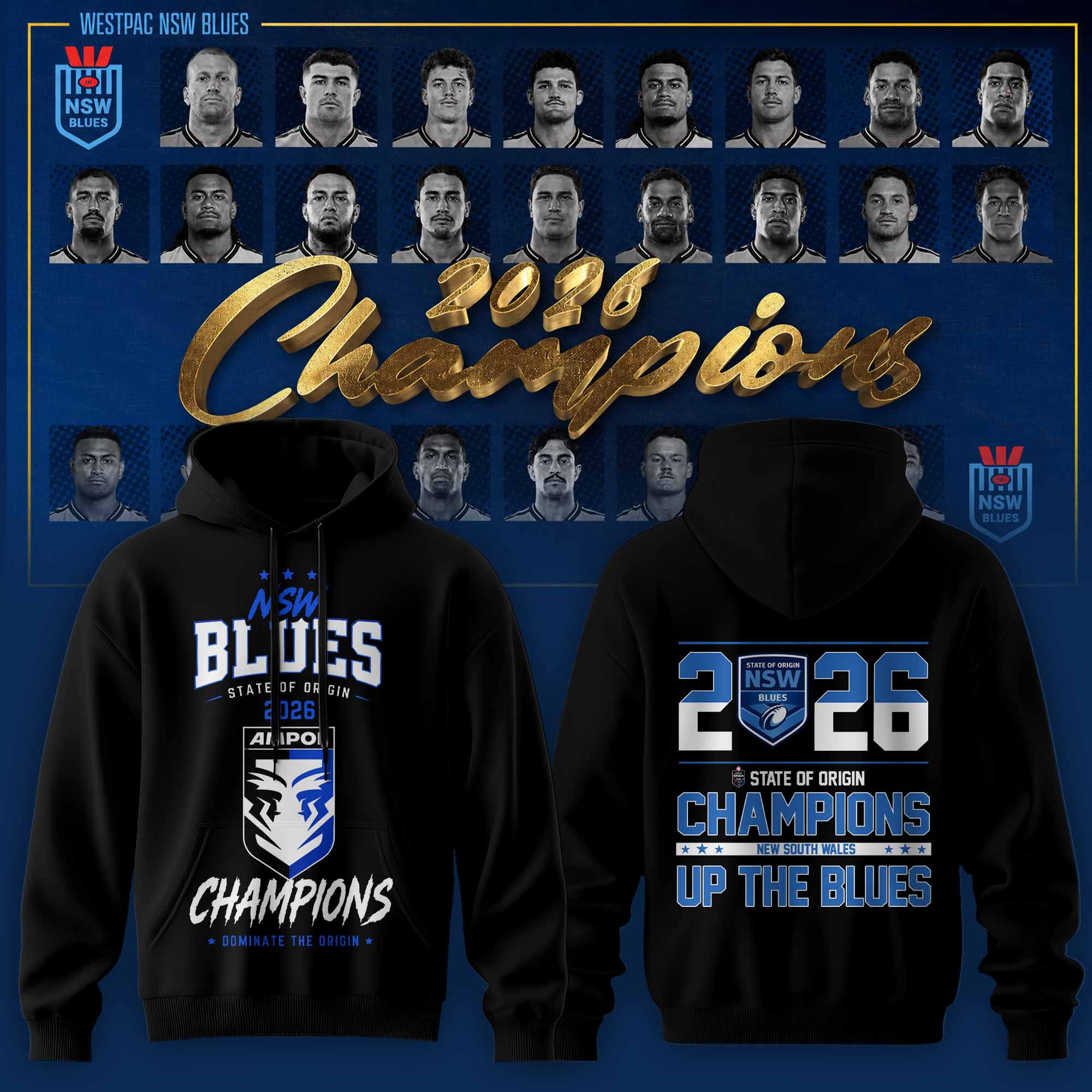 New South Wales Blues 2026 State Of Origin Champions Premium Fan Hoodie Collection